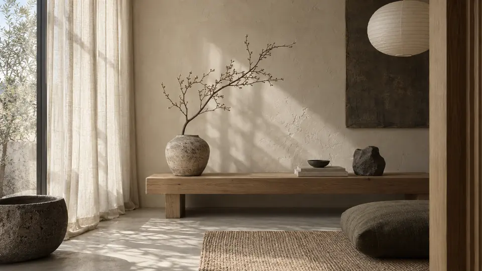 A calm Japandi room with oak and linen